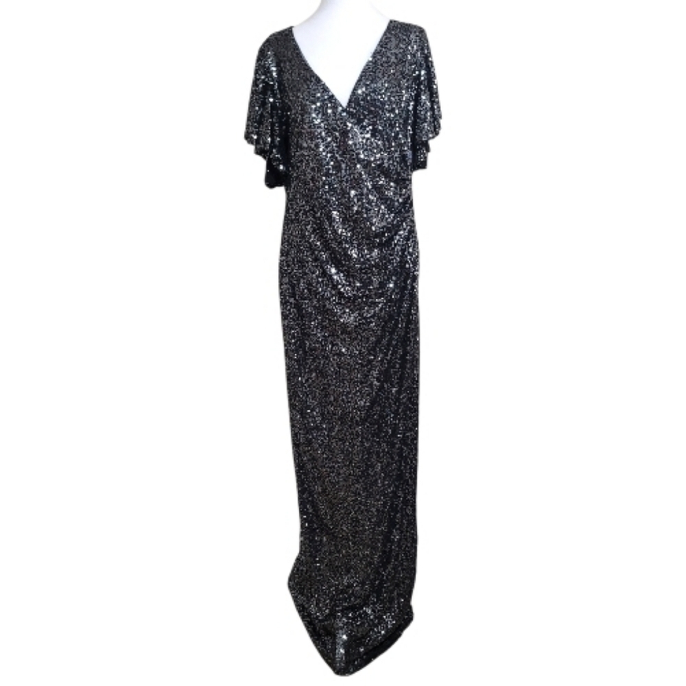 Marina Gunmetal Flutter Sleeve Sequined Formal Evening Dress, 14, Elegant, Party - Picture 7 of 14